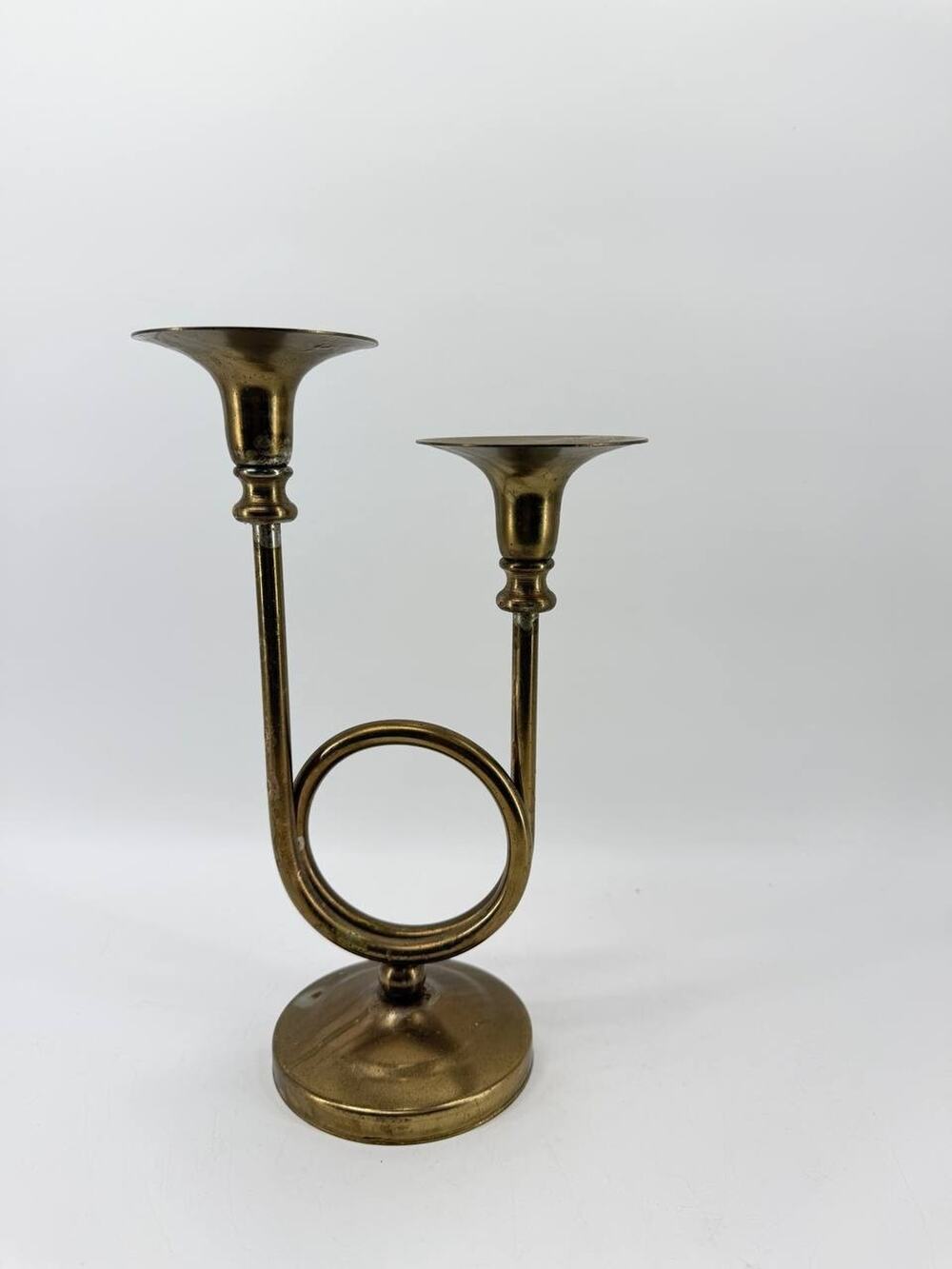 Brass French Horn Double Taper Candle Holder Musical Instrument Decor 1.40 lb